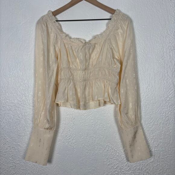 Simple Retro Long Sleeve Peplum Floral Jacquard Blouse in Apricot NWT Size Small - Picture 3 of 6